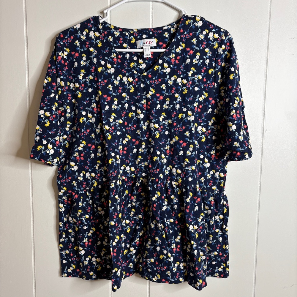 Denim & Co V Neck Short Sleeve Floral Top Relaxed Casual Going Out
